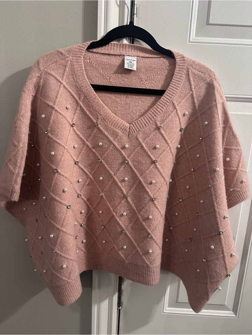 Anna & Ava Dusty Blush Embellished V‑Neck Poncho Sweater